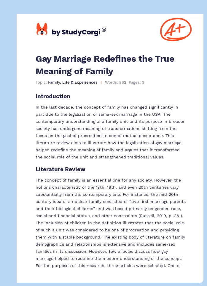 Gay Marriage Redefines the True Meaning of Family. Page 1