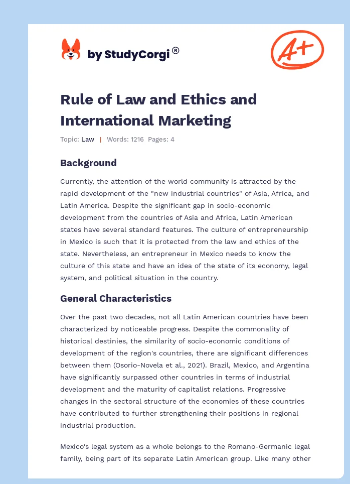 Rule of Law and Ethics and International Marketing. Page 1
