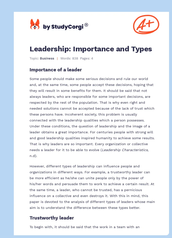 Leadership: Importance and Types. Page 1