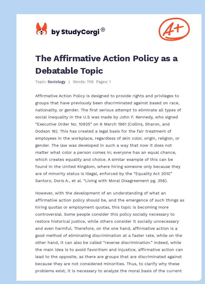 The Affirmative Action Policy as a Debatable Topic. Page 1