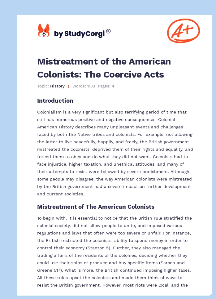Mistreatment of the American Colonists: The Coercive Acts. Page 1