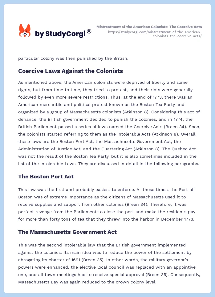 Mistreatment of the American Colonists: The Coercive Acts. Page 2