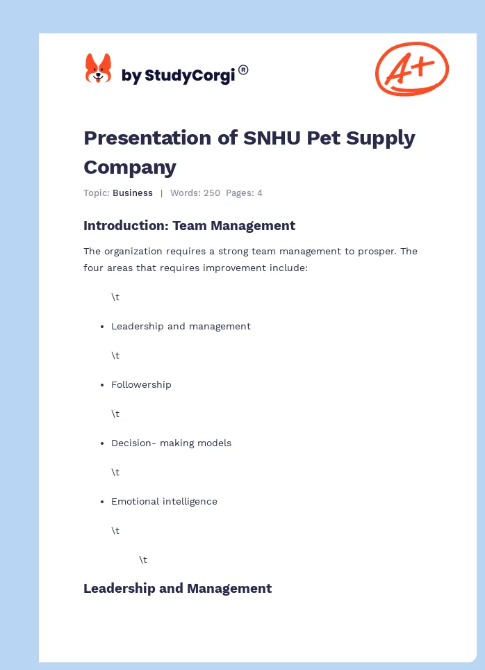 Presentation of SNHU Pet Supply Company. Page 1