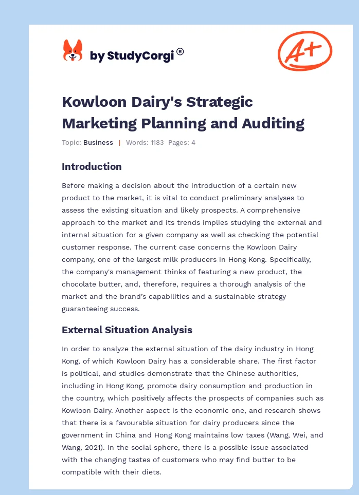 Kowloon Dairy's Strategic Marketing Planning and Auditing. Page 1