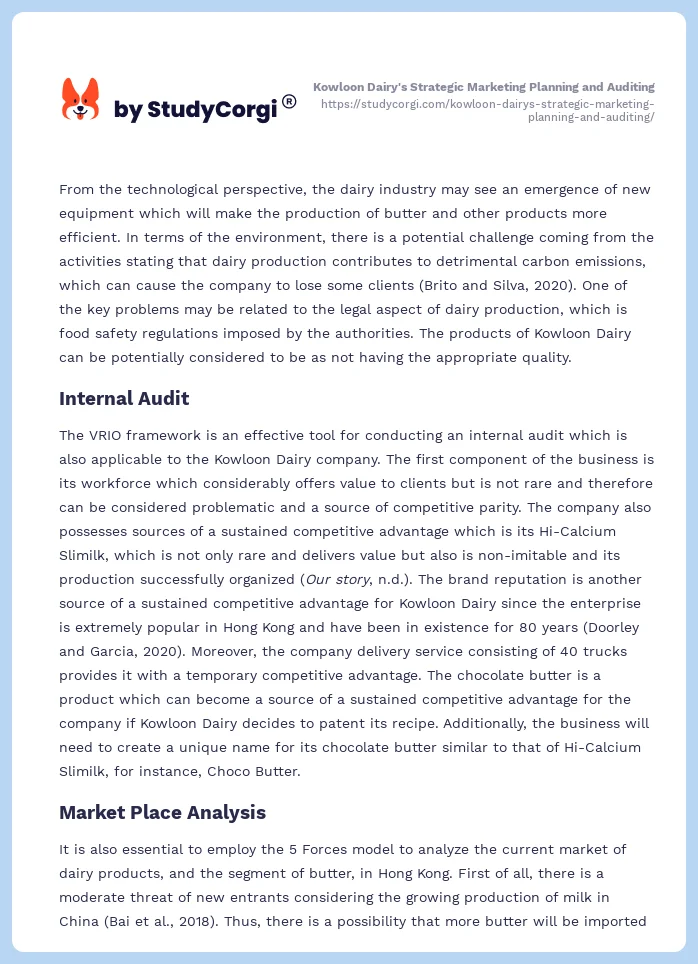 Kowloon Dairy's Strategic Marketing Planning and Auditing. Page 2