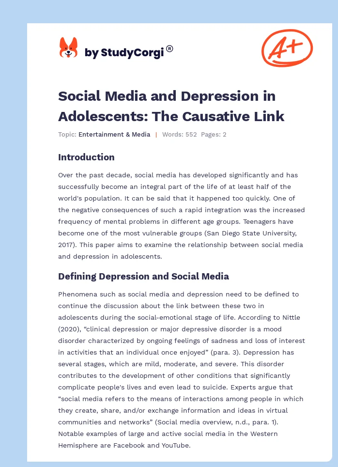 Social Media and Depression in Adolescents: The Causative Link. Page 1