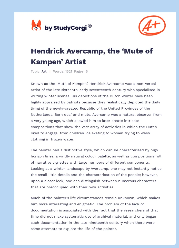 Hendrick Avercamp, the ‘Mute of Kampen’ Artist. Page 1