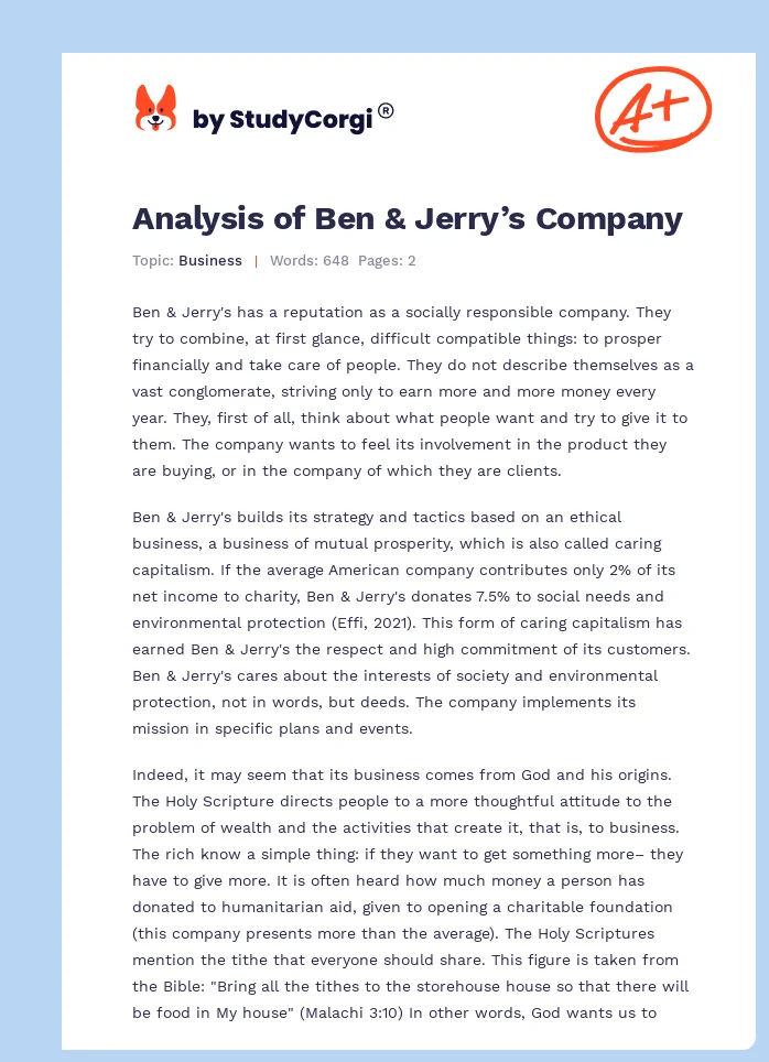 Analysis of Ben & Jerry’s Company. Page 1