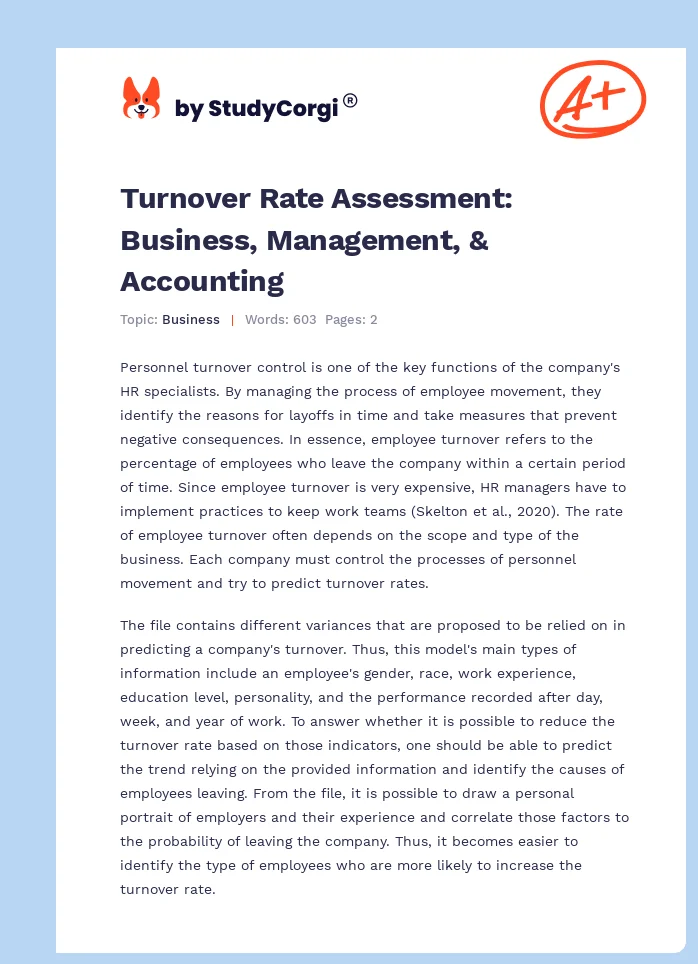 Turnover Rate Assessment: Business, Management, & Accounting. Page 1