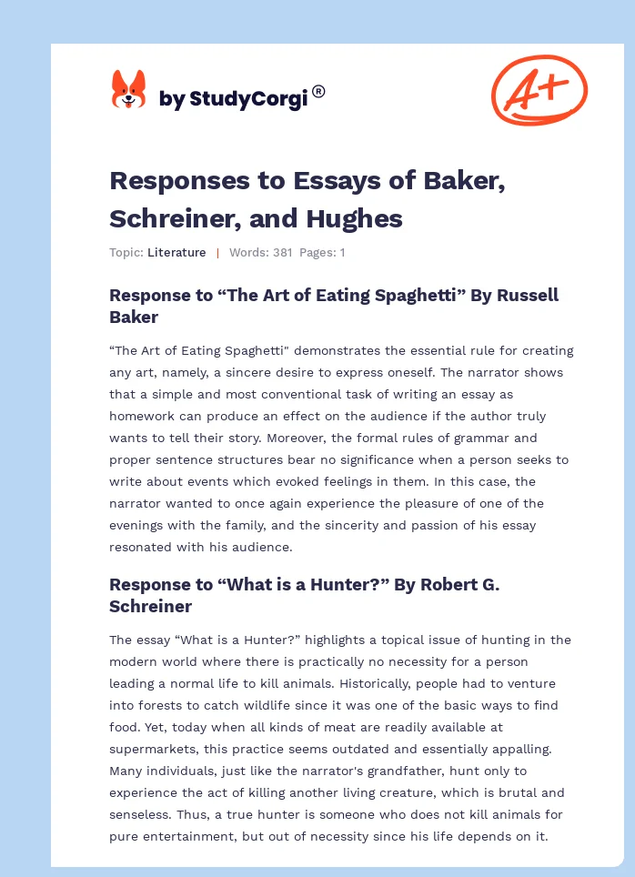 Responses to Essays of Baker, Schreiner, and Hughes. Page 1
