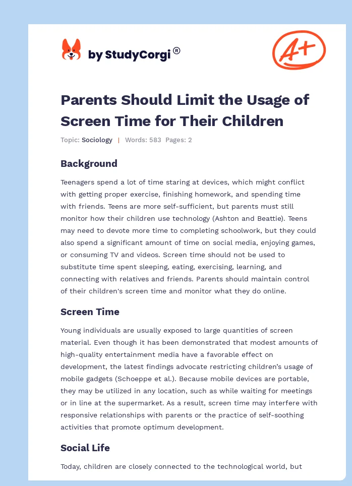 Parents Should Limit the Usage of Screen Time for Their Children. Page 1