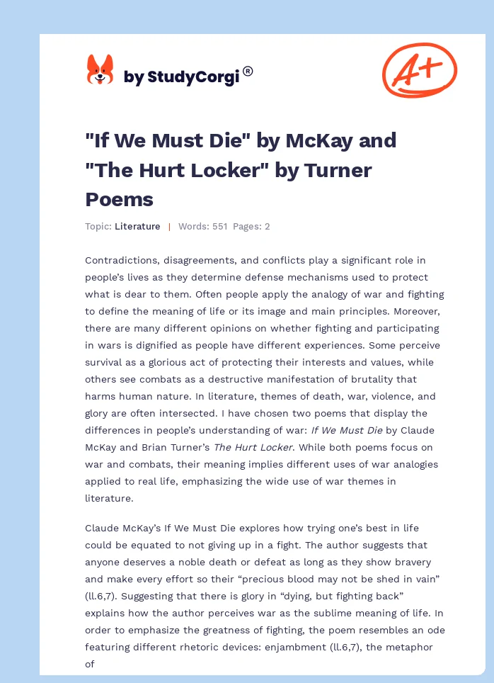 "If We Must Die" by McKay and "The Hurt Locker" by Turner Poems. Page 1