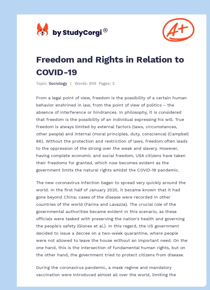Freedom and Rights in Relation to COVID-19. Page 1