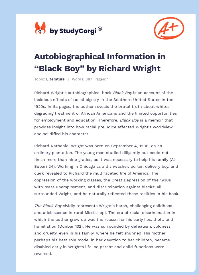 Autobiographical Information in “Black Boy” by Richard Wright. Page 1