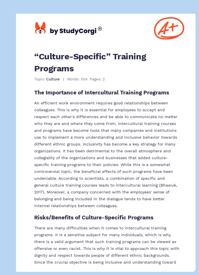 “Culture-Specific” Training Programs. Page 1