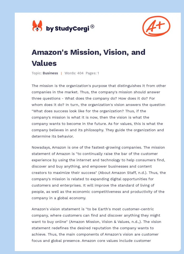 Amazon's Mission, Vision, and Values. Page 1