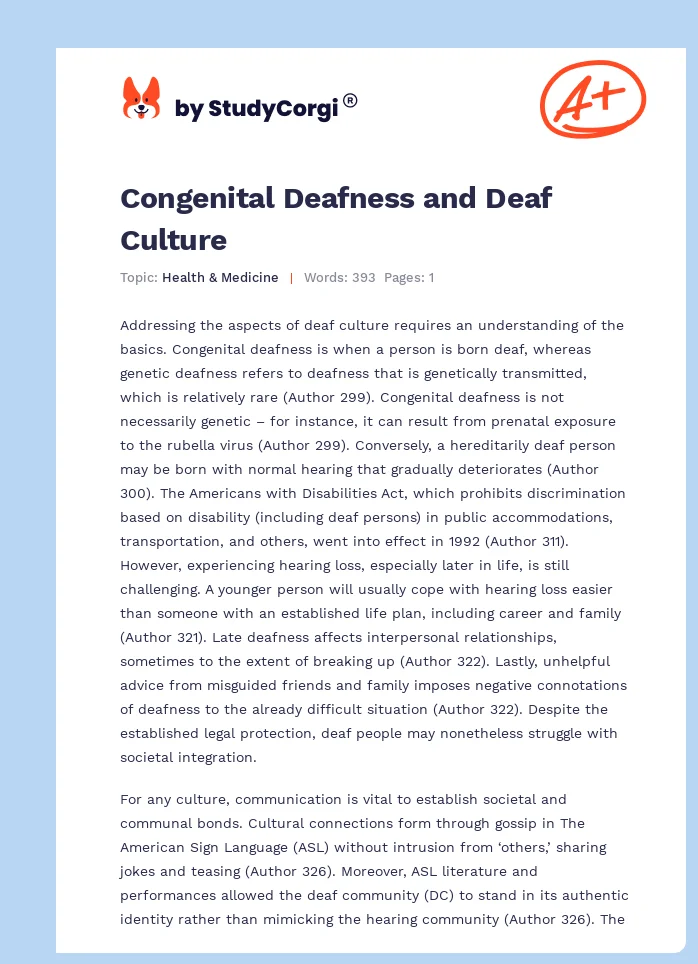 Congenital Deafness and Deaf Culture. Page 1