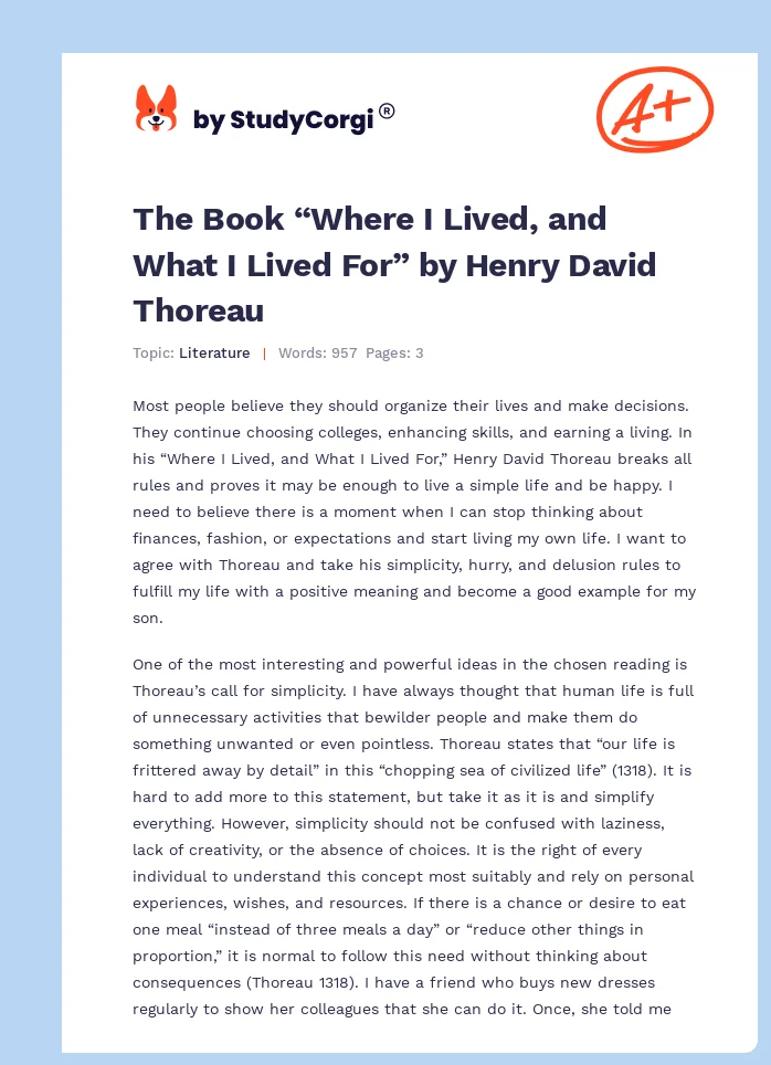 The Book “Where I Lived, and What I Lived For” by Henry David Thoreau. Page 1