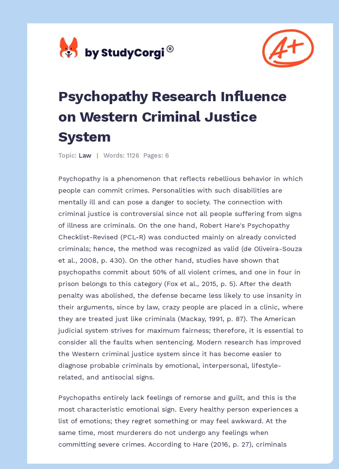 Psychopathy Research Influence on Western Criminal Justice System. Page 1