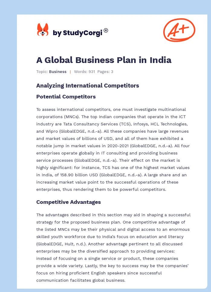 A Global Business Plan in India. Page 1