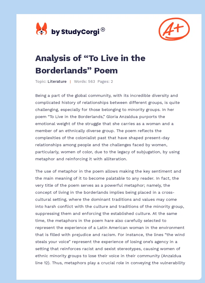 Analysis of “To Live in the Borderlands” Poem. Page 1