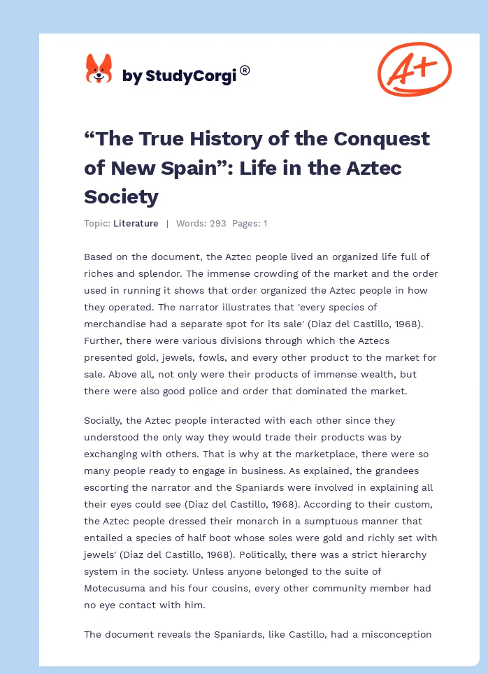 “The True History of the Conquest of New Spain”: Life in the Aztec Society. Page 1