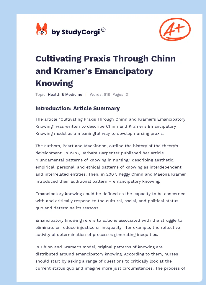 Cultivating Praxis Through Chinn and Kramer’s Emancipatory Knowing. Page 1