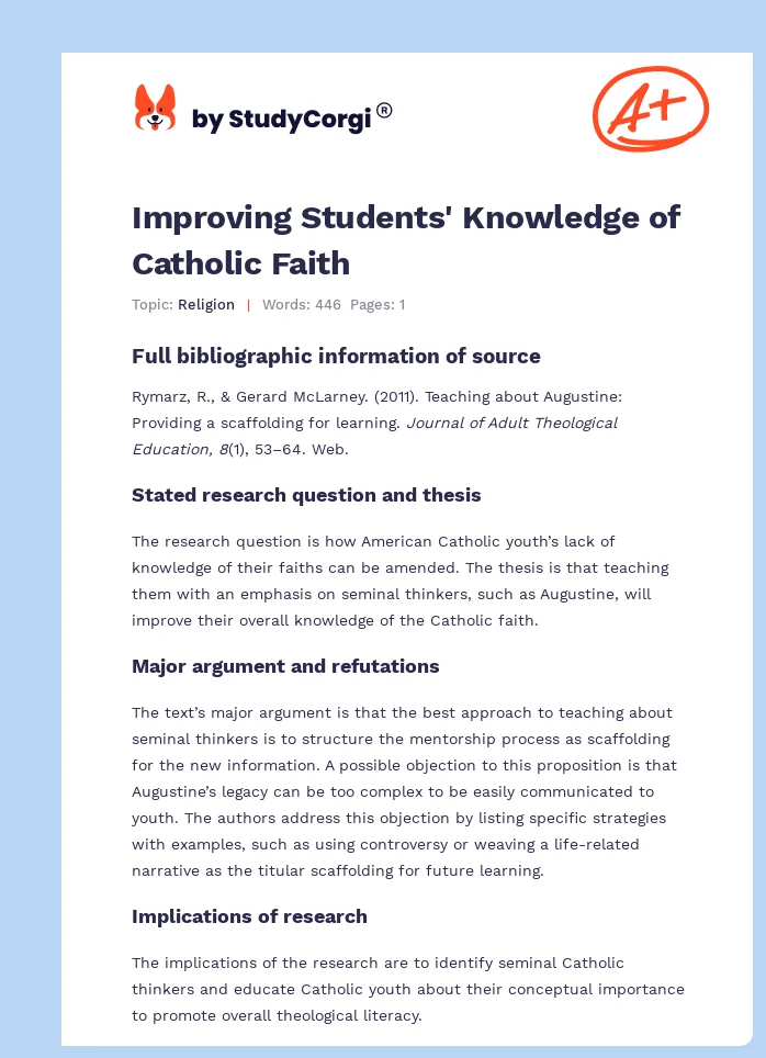 Improving Students' Knowledge of Catholic Faith. Page 1
