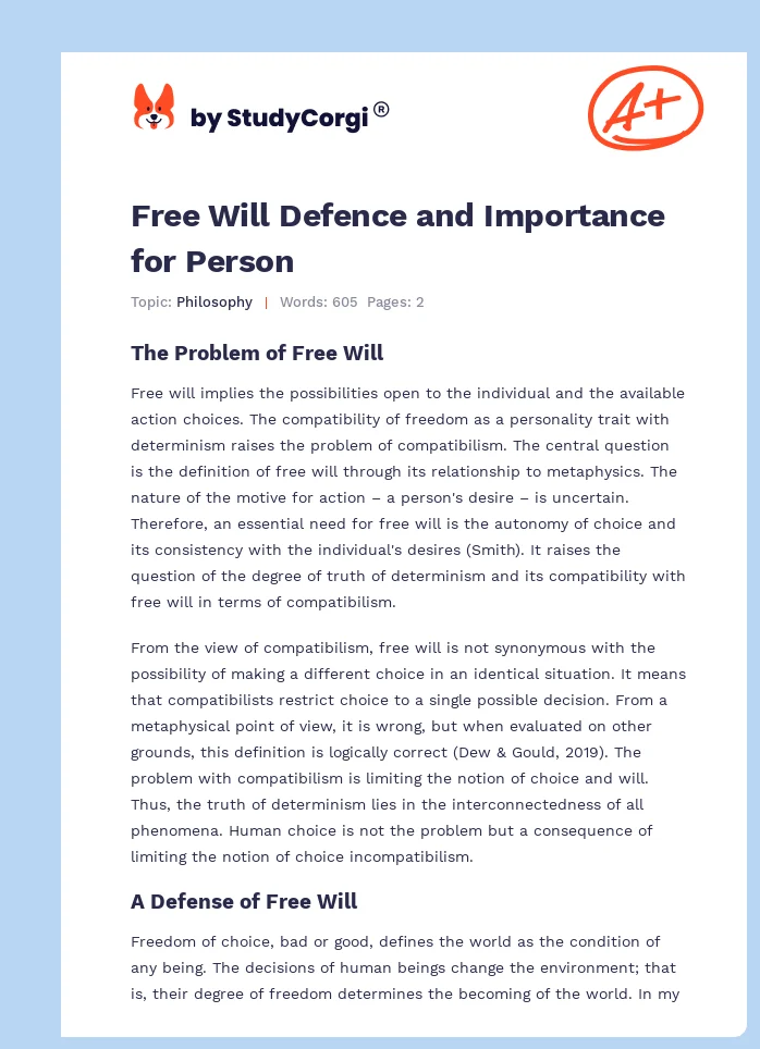 Free Will Defence and Importance for Person. Page 1