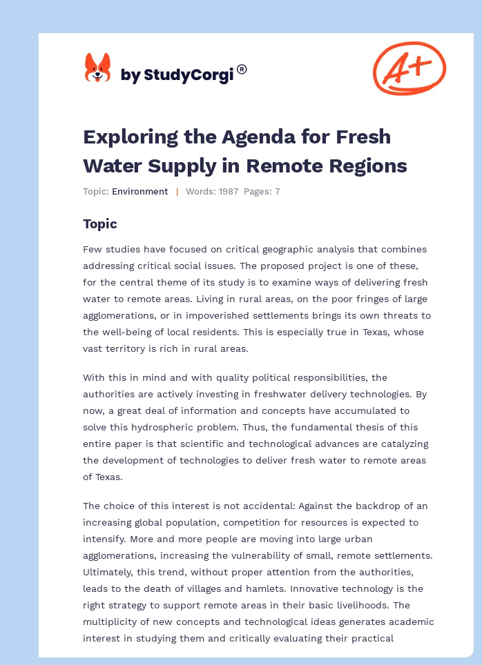 Exploring the Agenda for Fresh Water Supply in Remote Regions. Page 1