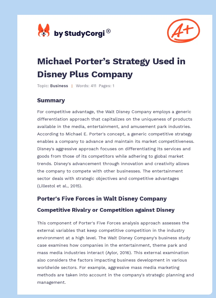 Michael Porter’s Strategy Used in Disney Plus Company. Page 1