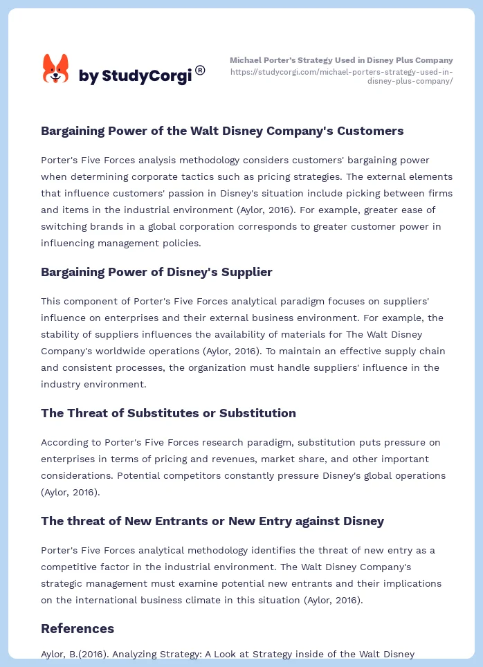 Michael Porter’s Strategy Used in Disney Plus Company. Page 2