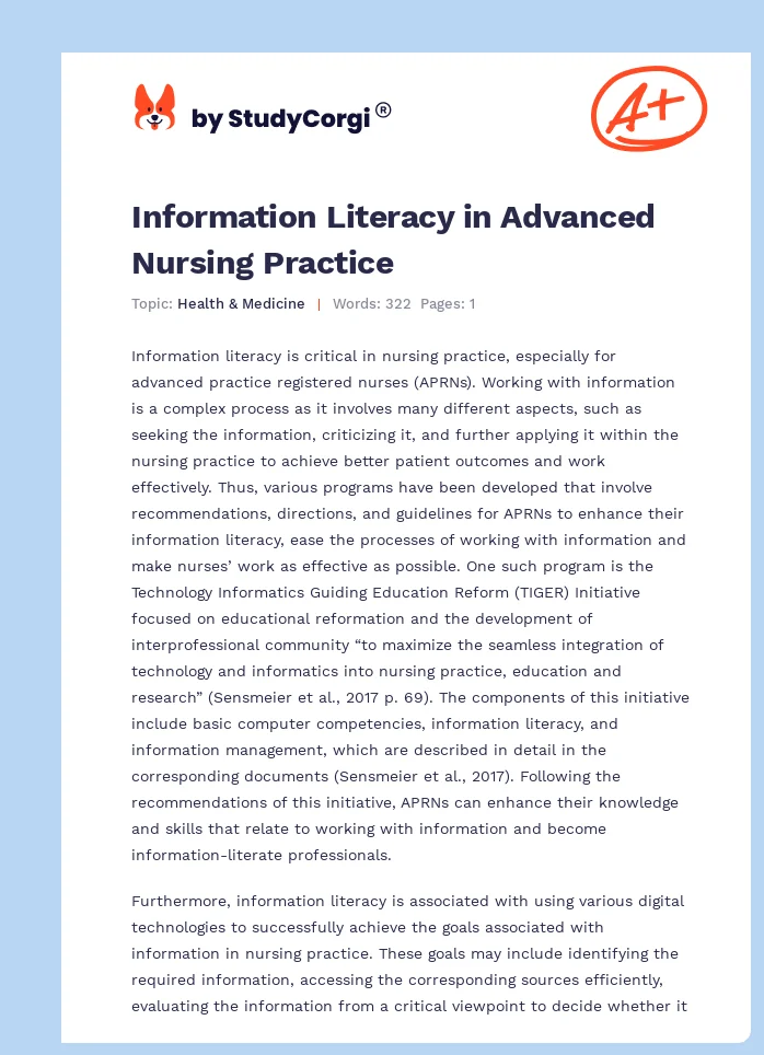 Information Literacy in Advanced Nursing Practice. Page 1