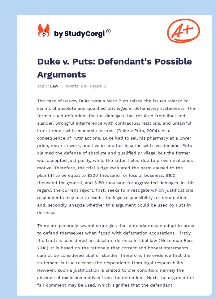 Duke v. Puts: Defendant's Possible Arguments. Page 1