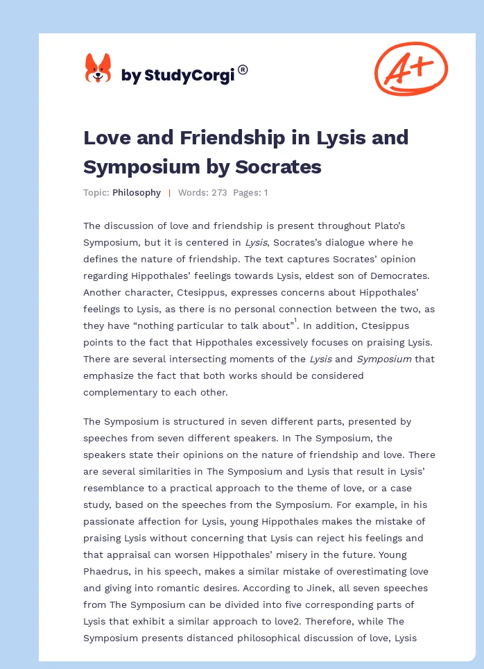 Love and Friendship in Lysis and Symposium by Socrates. Page 1