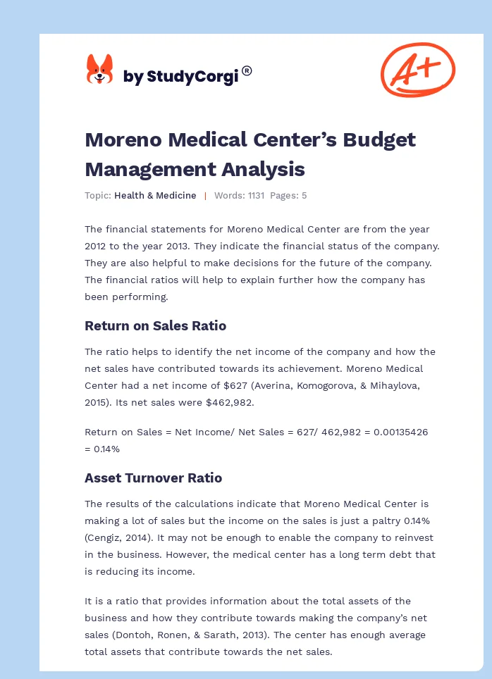 Moreno Medical Center’s Budget Management Analysis. Page 1