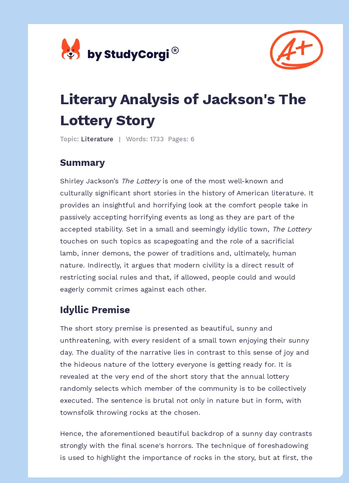 Literary Analysis of Jackson's The Lottery Story. Page 1