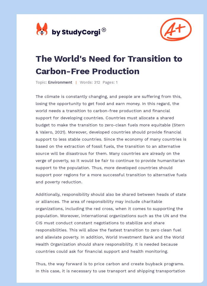 The World's Need for Transition to Carbon-Free Production. Page 1
