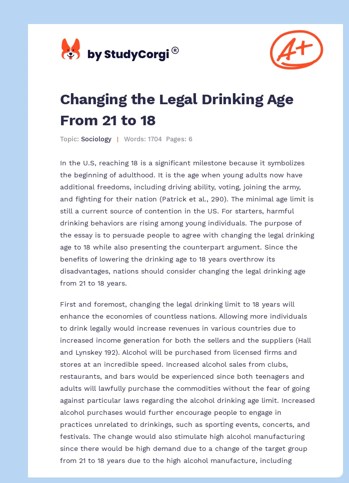Changing the Legal Drinking Age From 21 to 18. Page 1