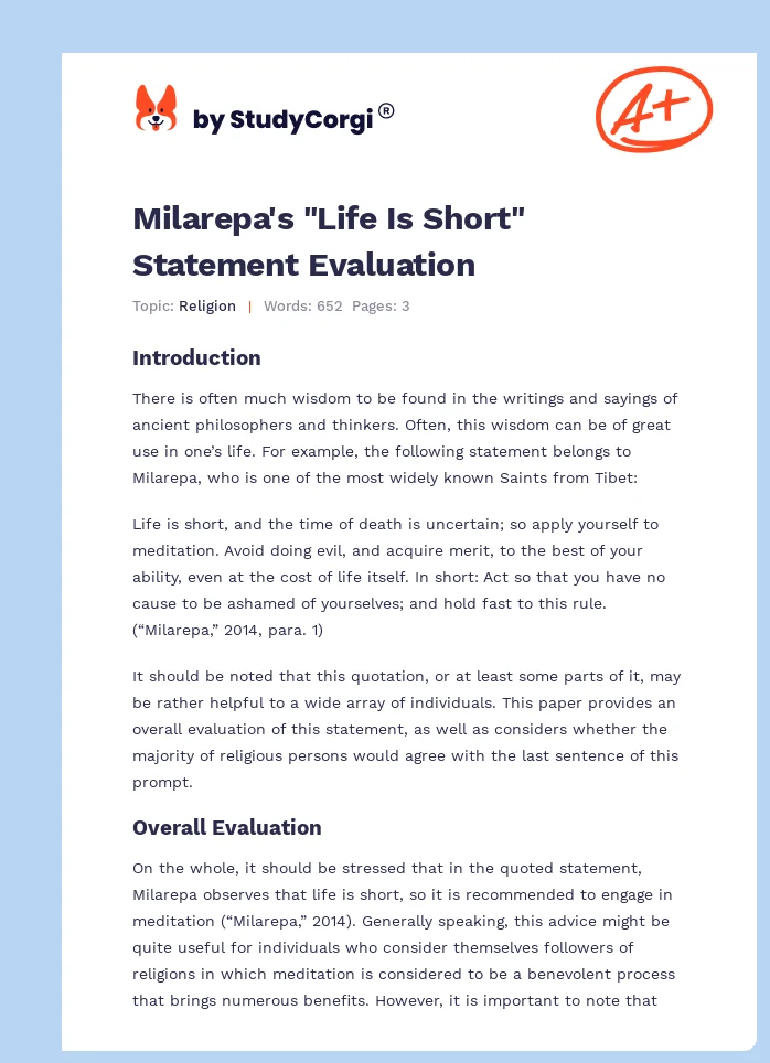 Milarepa's "Life Is Short" Statement Evaluation. Page 1