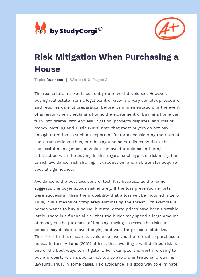 Risk Mitigation When Purchasing a House. Page 1