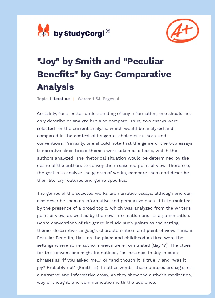 "Joy" by Smith and "Peculiar Benefits" by Gay: Comparative Analysis. Page 1