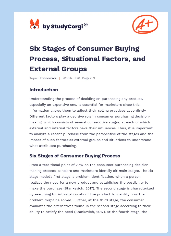 Six Stages of Consumer Buying Process, Situational Factors, and External Groups. Page 1