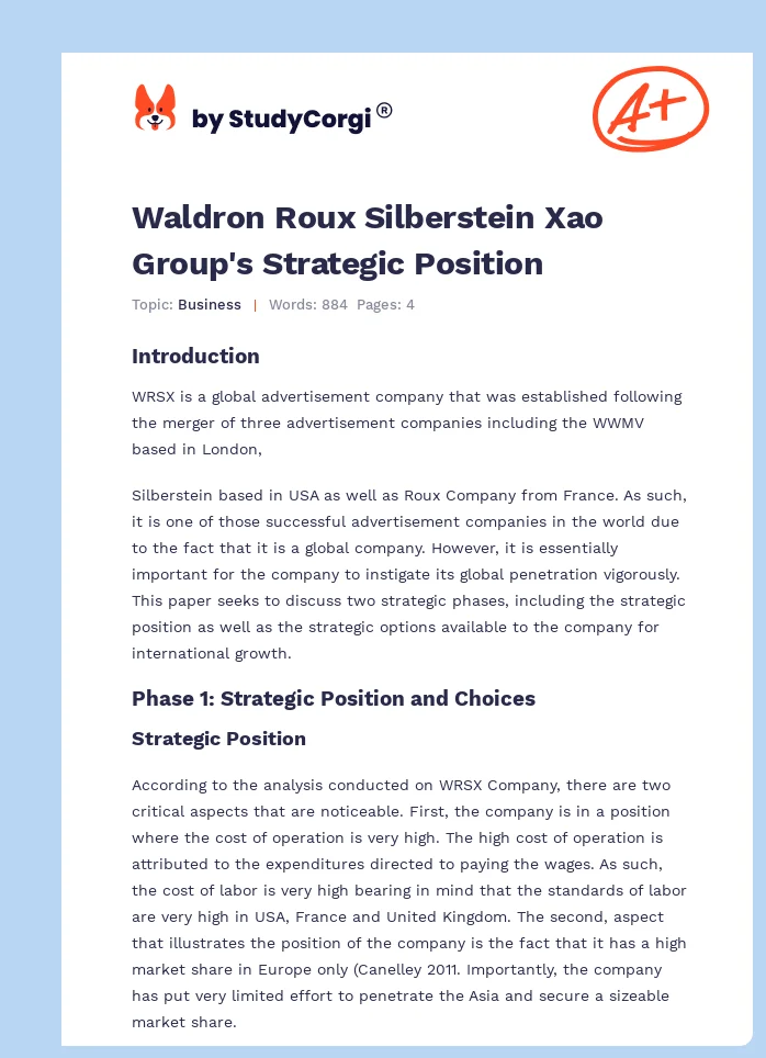 Waldron Roux Silberstein Xao Group's Strategic Position. Page 1
