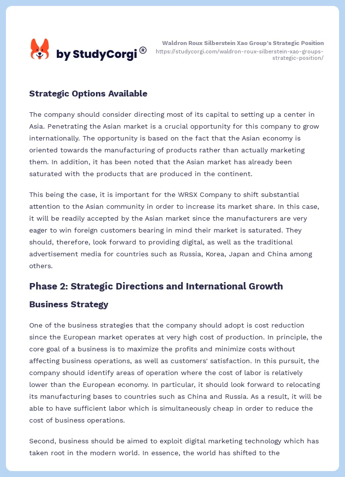 Waldron Roux Silberstein Xao Group's Strategic Position. Page 2