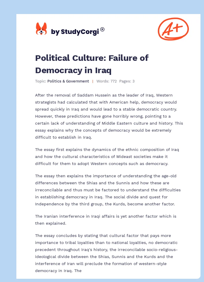 Political Culture: Failure of Democracy in Iraq. Page 1