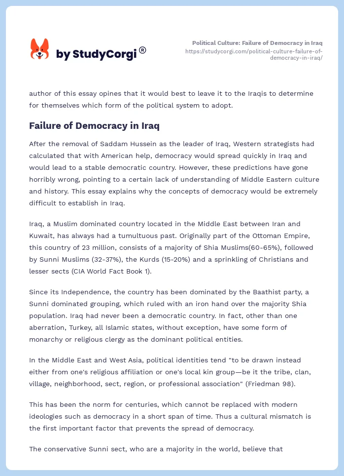 Political Culture: Failure of Democracy in Iraq. Page 2