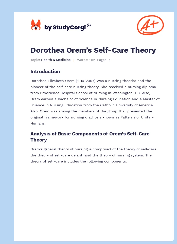 Dorothea Orem’s Self-Care Theory. Page 1