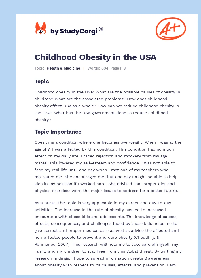 Childhood Obesity in the USA. Page 1