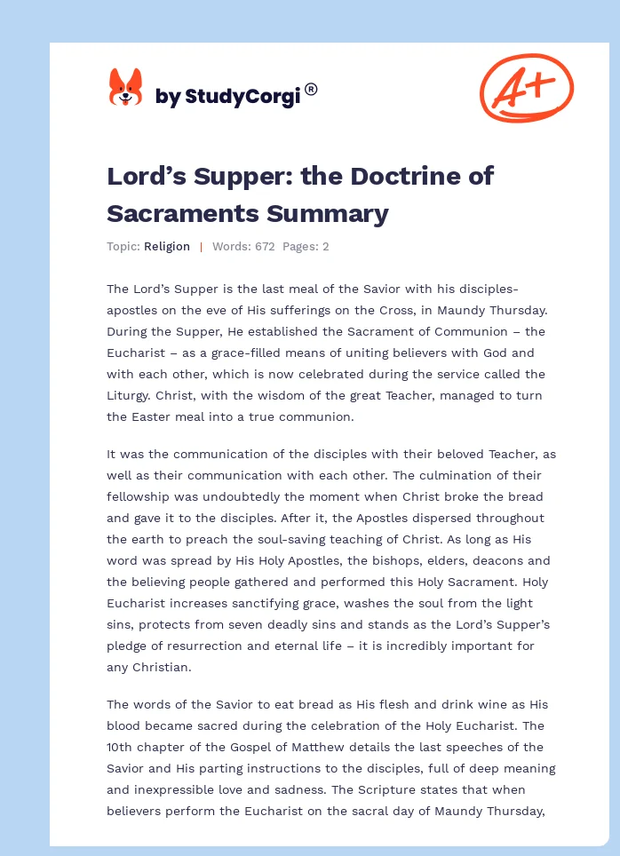 Lord’s Supper: the Doctrine of Sacraments Summary. Page 1